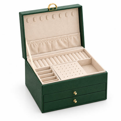 Empty green jewelry organizer showing necklace hooks, ring rolls and earring panel