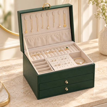 Green jewelry organizer open in a styled scene; jewelry and decor not included