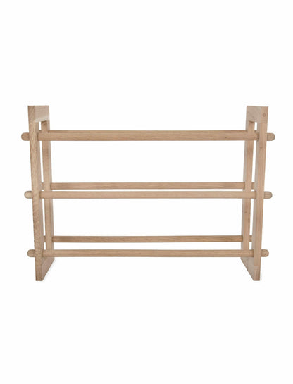 Low hallway shoe rack with raw oak shelves