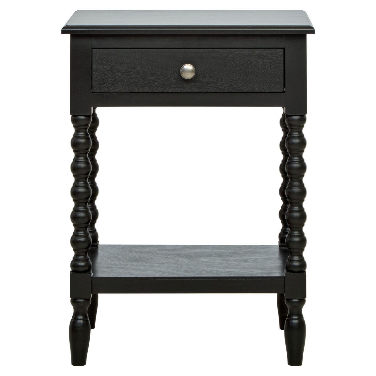 Black one-drawer nightstand with an open shelf and bobble legs