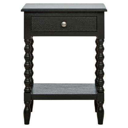 Black one-drawer nightstand with an open shelf and bobble legs