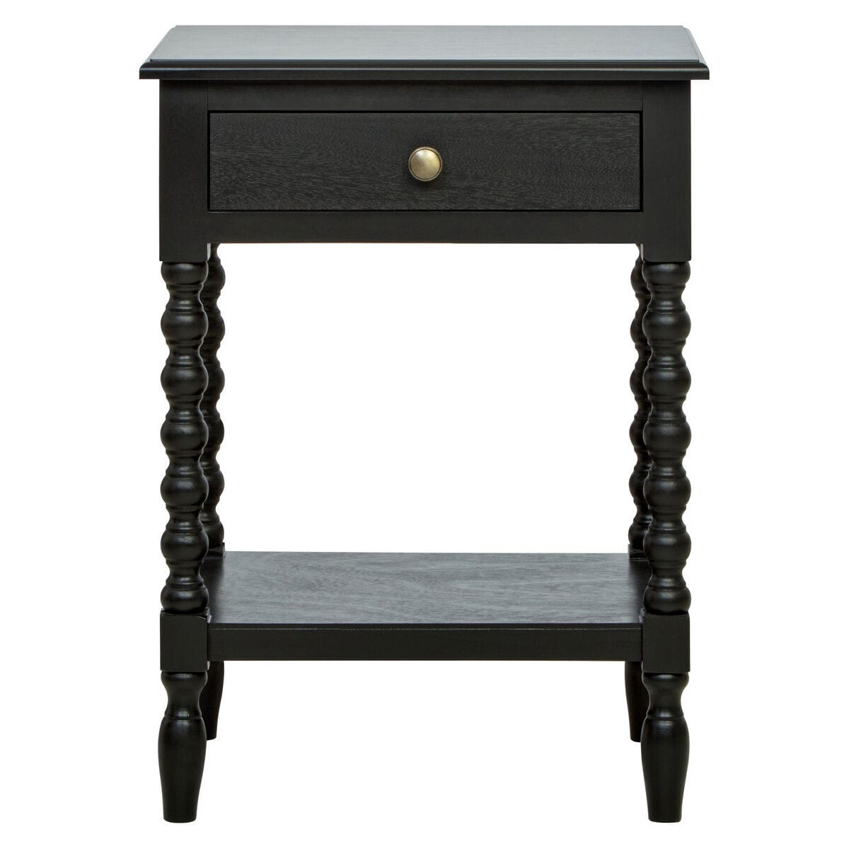 Black one-drawer nightstand with an open shelf and bobble legs