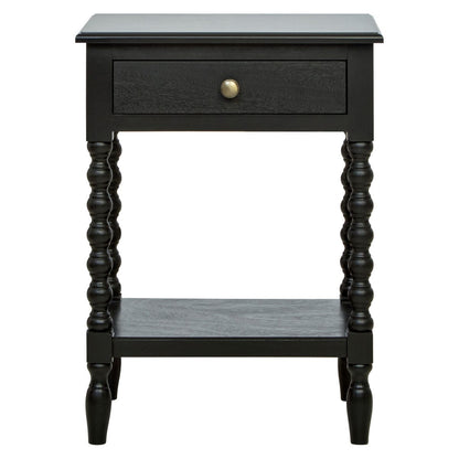 Black one-drawer nightstand with an open shelf and bobble legs