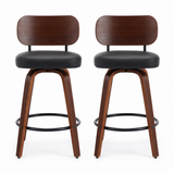 Set of two walnut and black swivel counter stools on white