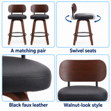 Four illustrated details of the matching stools, swivel seating, upholstery and walnut-look finish