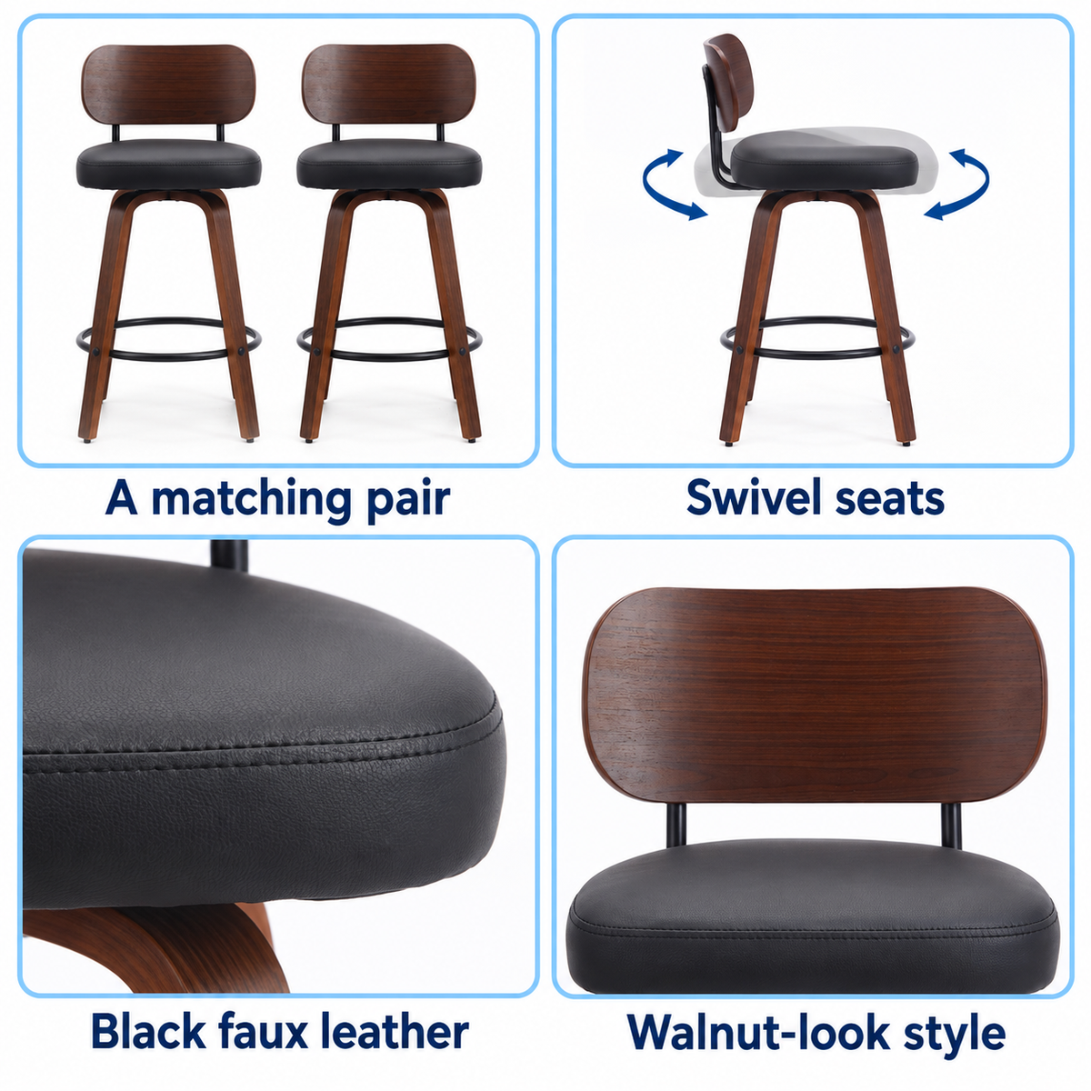 Four illustrated details of the matching stools, swivel seating, upholstery and walnut-look finish