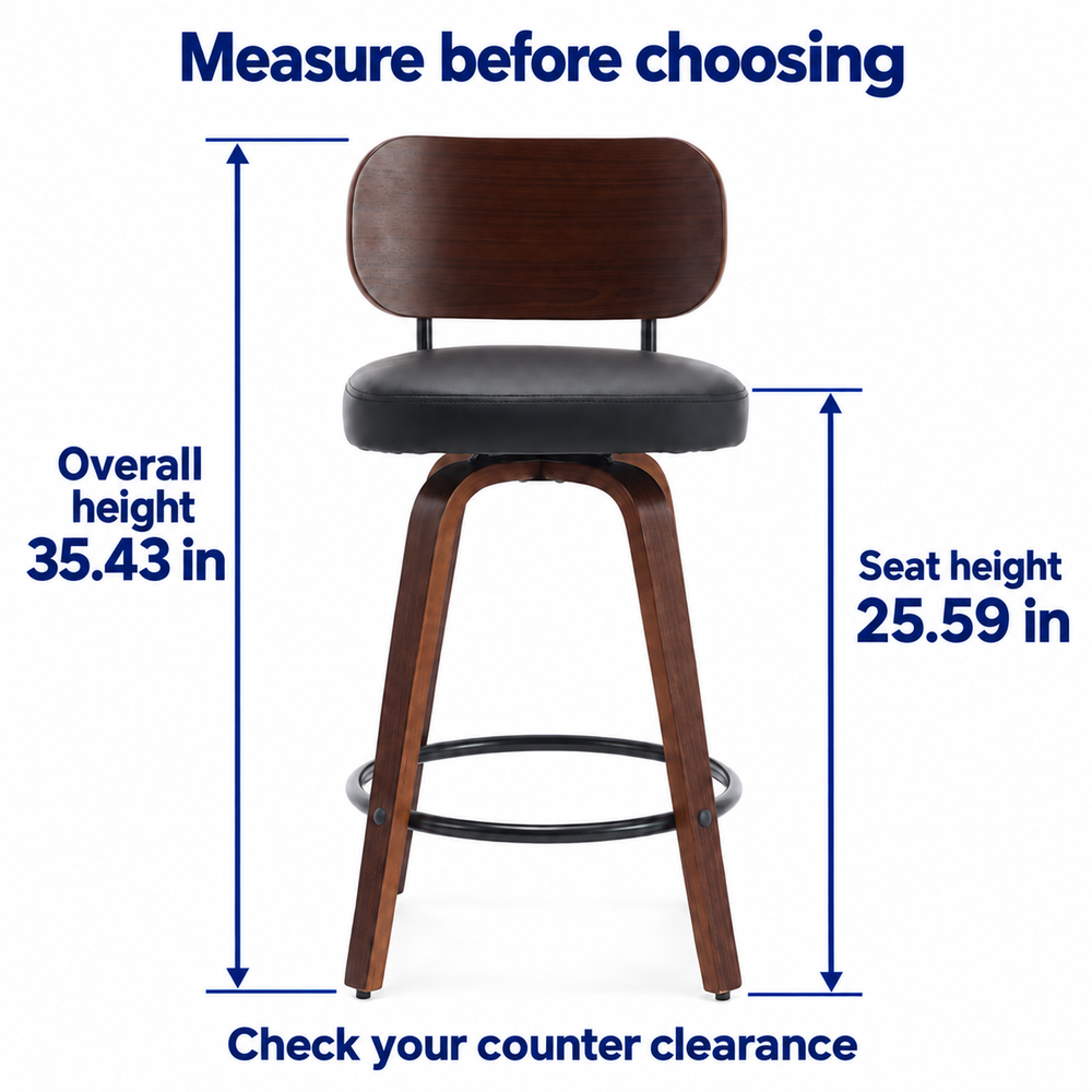 Verified overall and seat heights for the walnut and black counter stool
