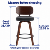 Verified overall and seat heights for the walnut and black counter stool