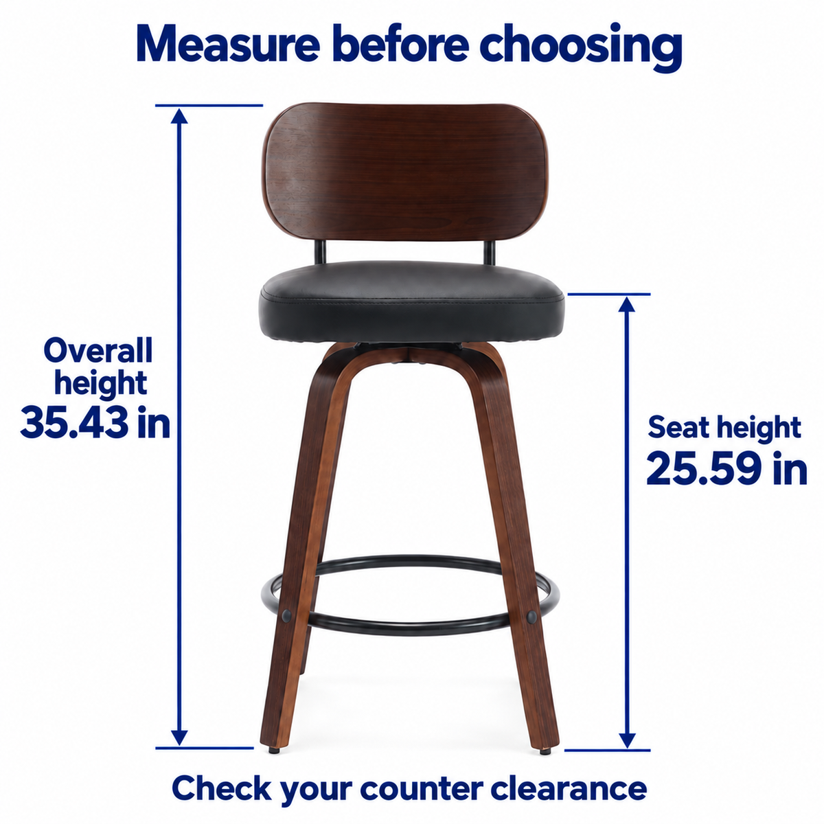 Verified overall and seat heights for the walnut and black counter stool