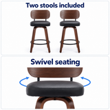 Two stools included and illustrated swivel seat movement