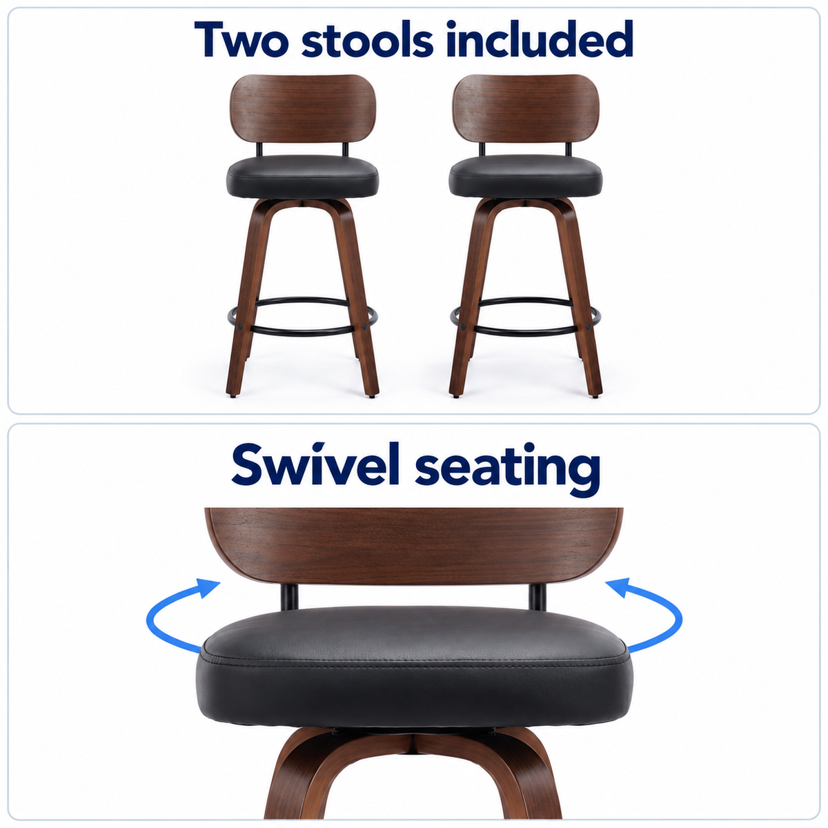 Two stools included and illustrated swivel seat movement