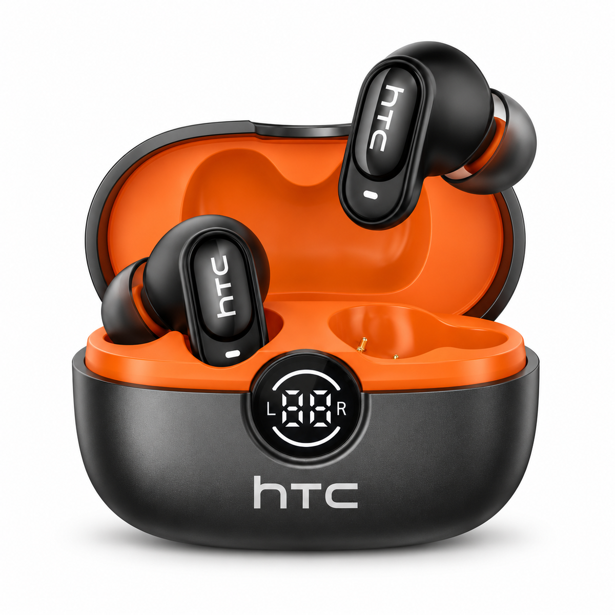 HTC NE79 black earbuds and orange-lined charging case on a white background