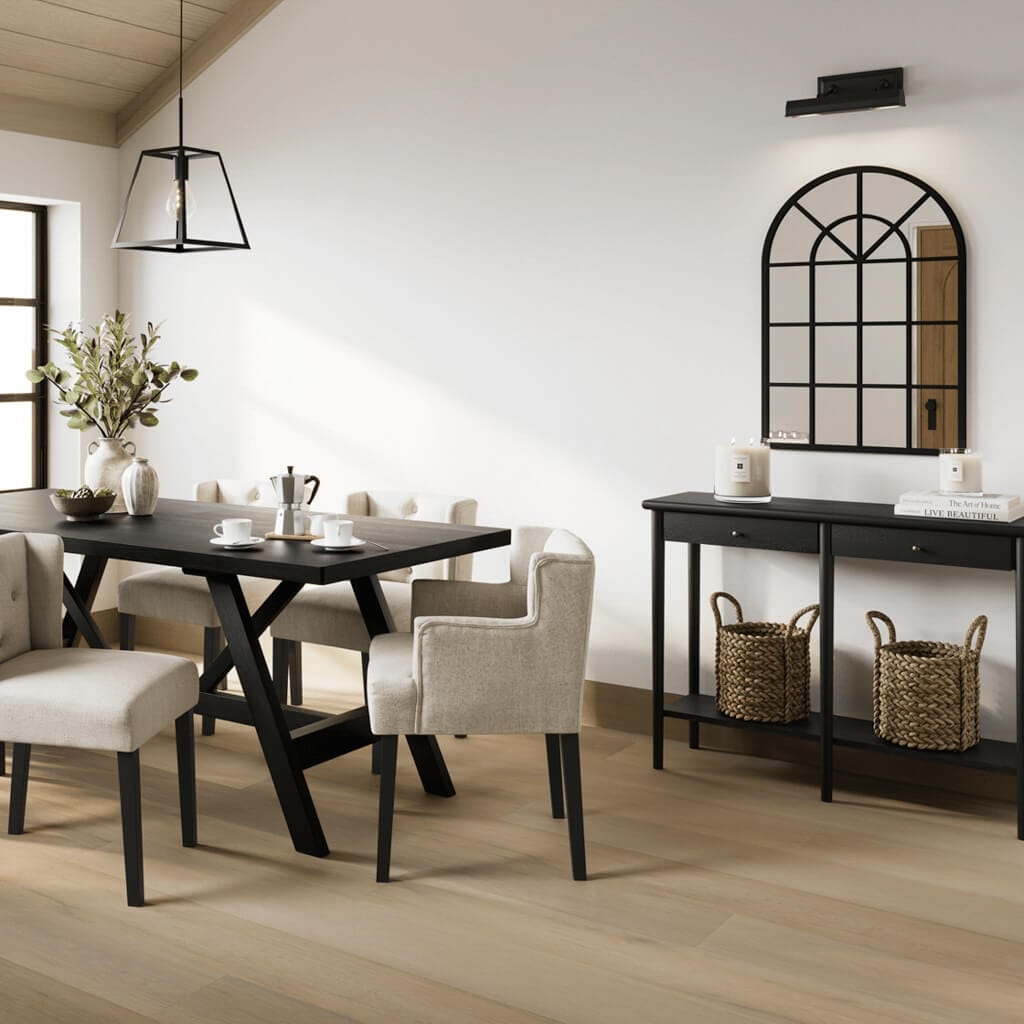 Black rectangular console table with a rubberwood base