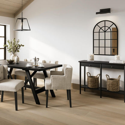 Black rectangular console table with a rubberwood base