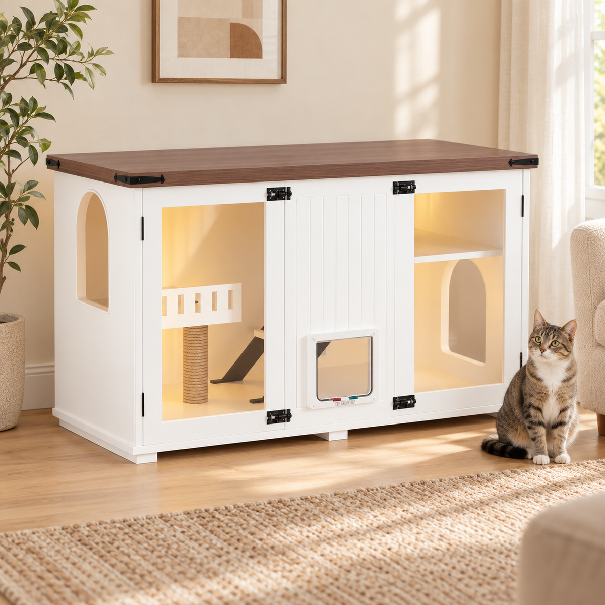 White cat cabinet with brown tabletop, acrylic doors and warm LED in a beige room; cat and room decor not included