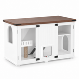 Product-only white cat cabinet with brown tabletop, internal stairs, scratching post and raised platforms on white