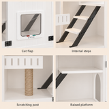 Four details of the cabinet: manual cat flap, internal stairs, sisal scratching post and raised platform