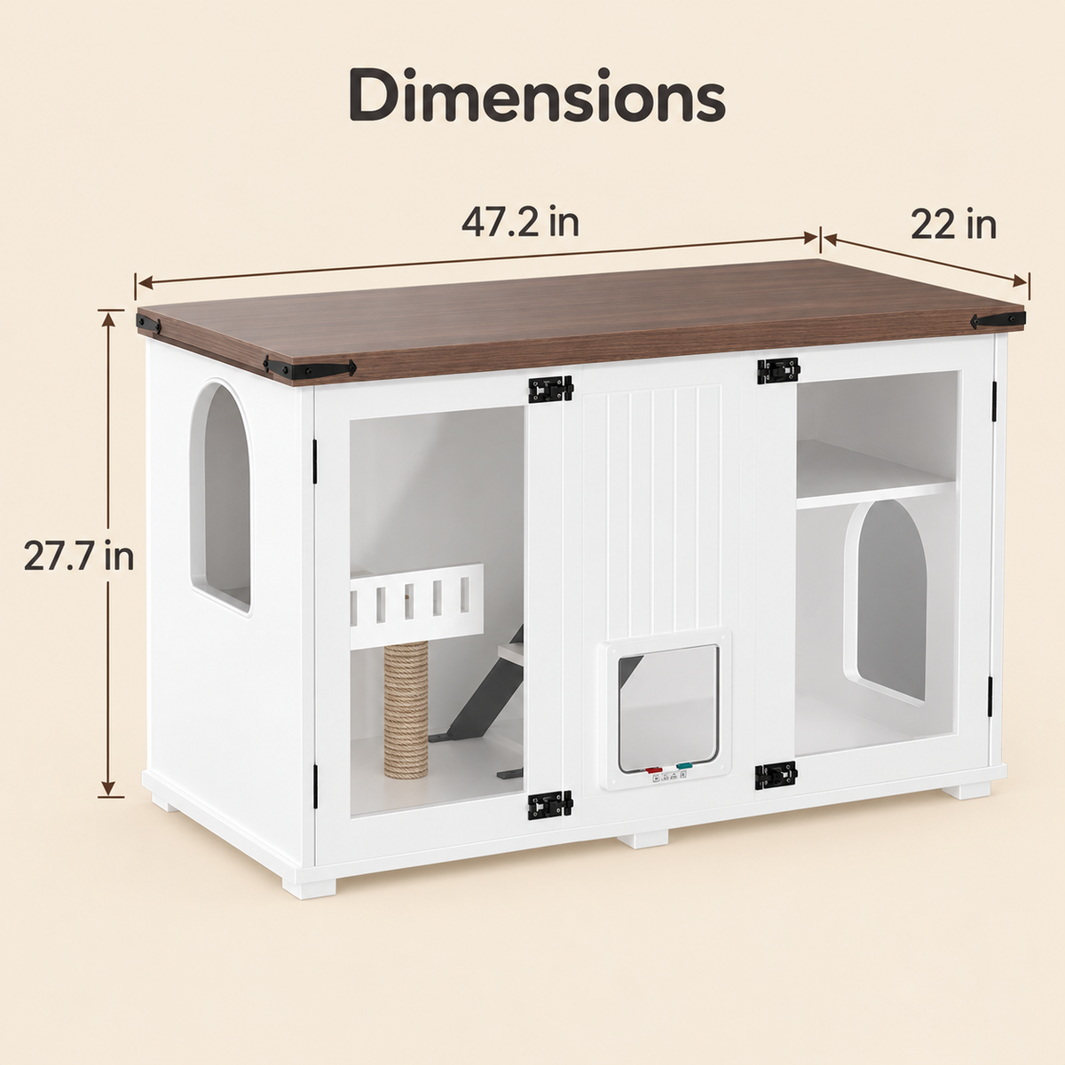 Exterior dimensions of the white cat cabinet: 47.2 inches wide, 22 inches deep and 27.7 inches high