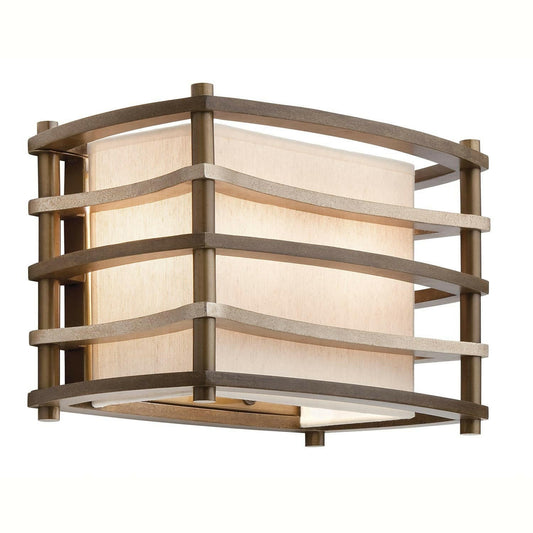 Two-light bronze wall sconce with a linen shade