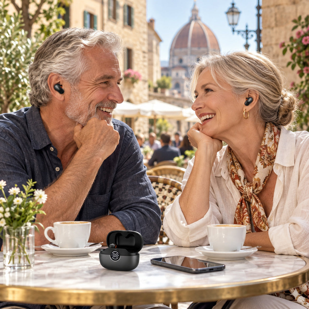 Travelers using black translator earbuds during a conversation