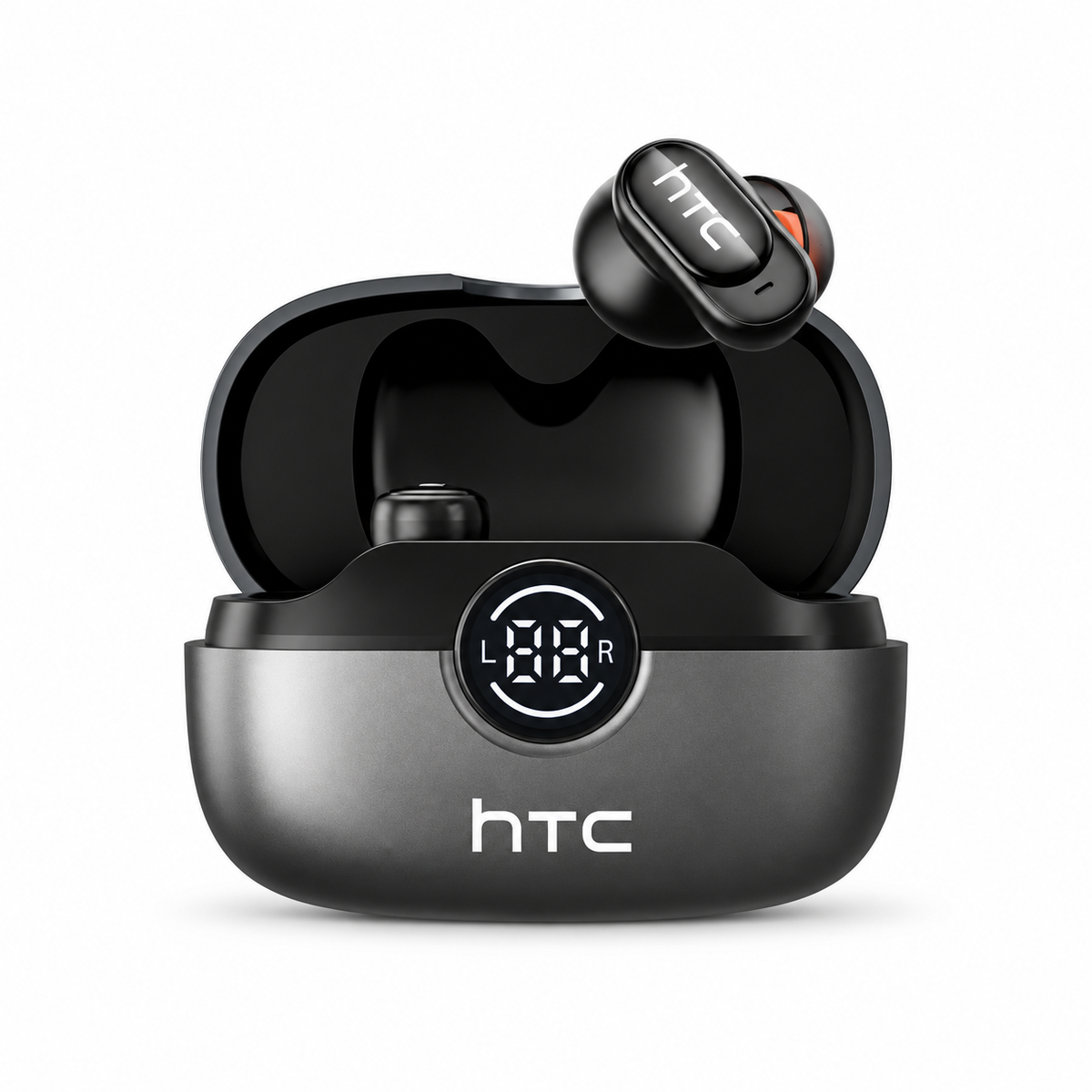 Black translator earbuds and charging case on a white background