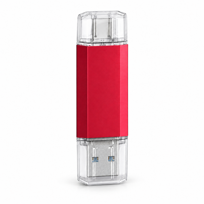 Red USB-C and USB-A OTG flash drive on a white background