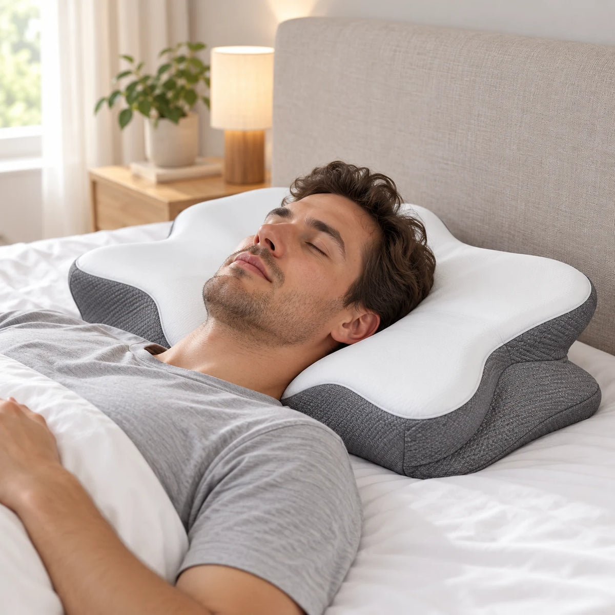 AI usage illustration based on supplier reference: back resting on the white and grey contour pillow