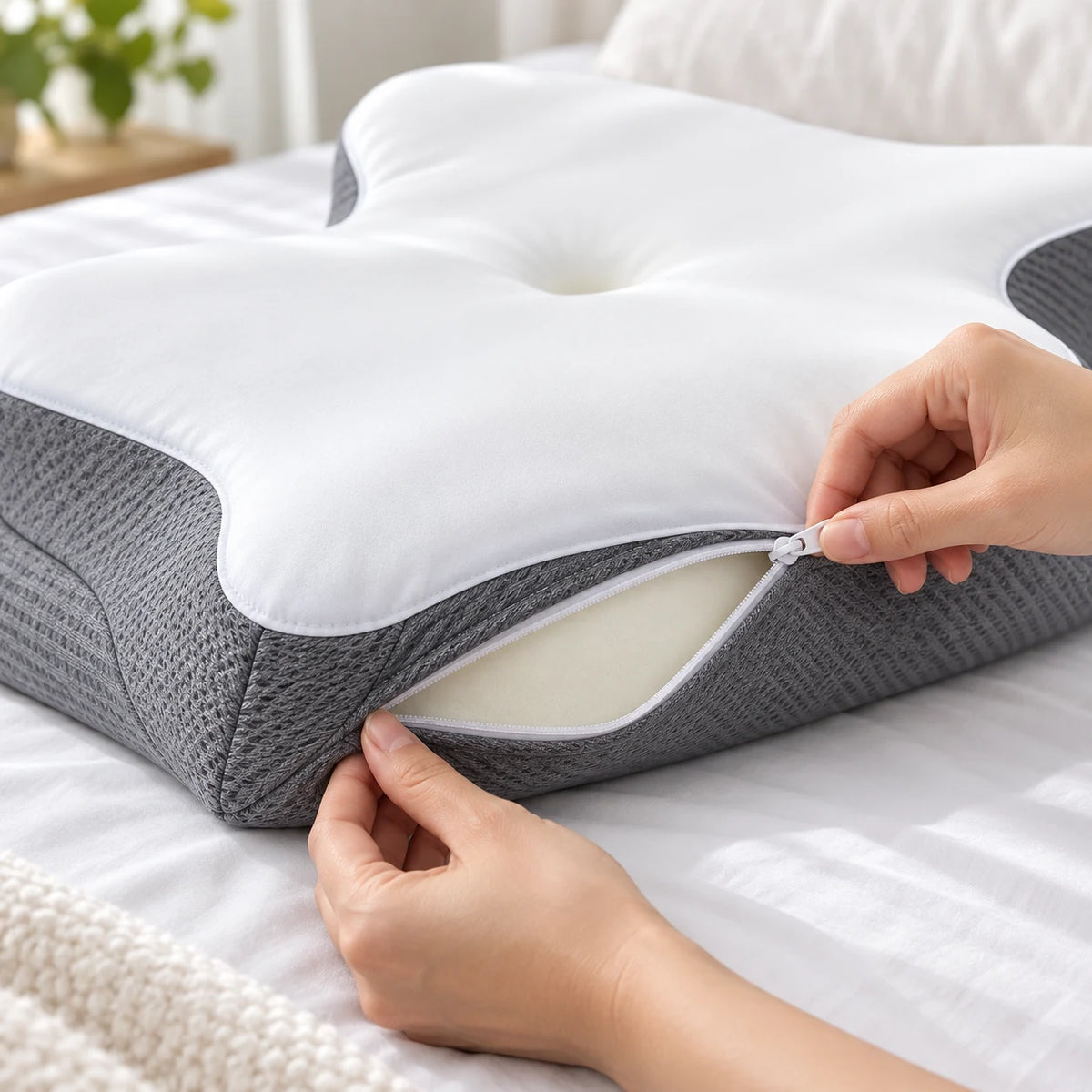AI detail illustration based on supplier reference: fitted removable cover and zipper on the white and grey pillow