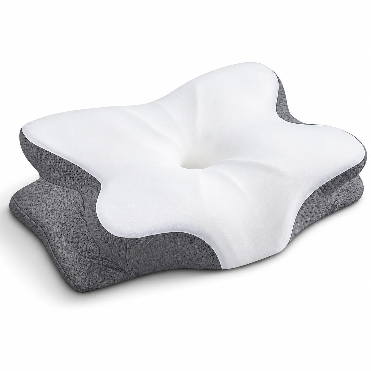 AI illustration based on supplier reference: white top and grey woven sides of the contoured memory foam pillow