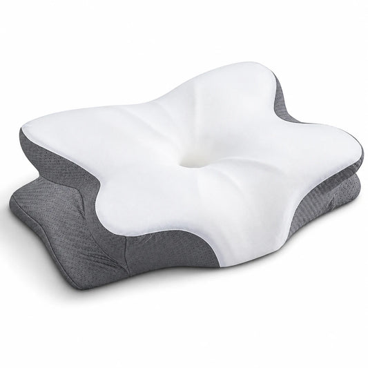 AI illustration based on supplier reference: white top and grey woven sides of the contoured memory foam pillow