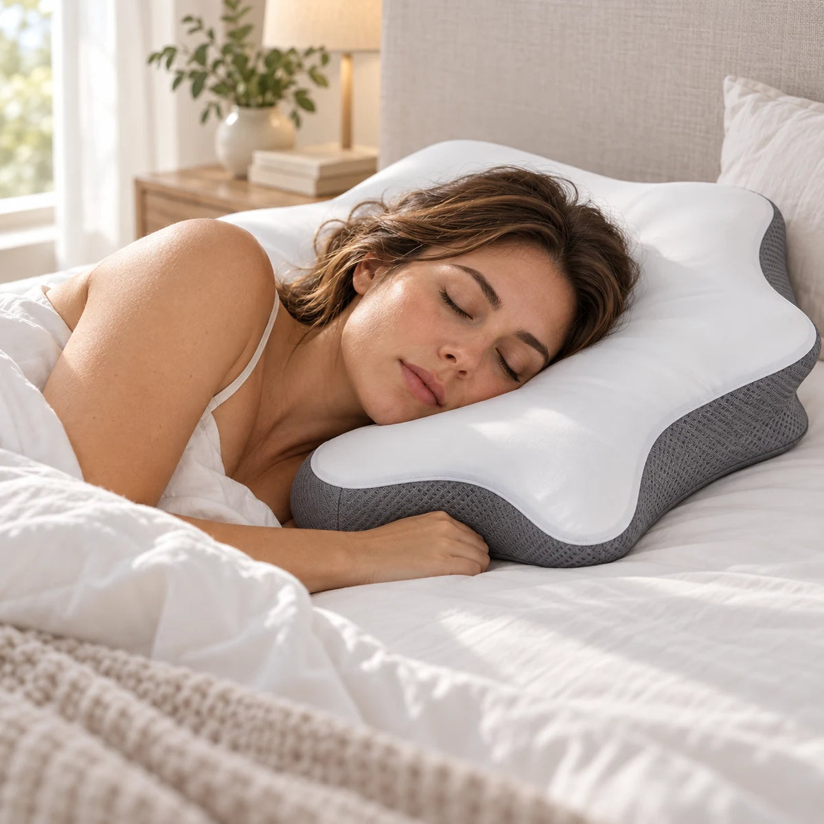 AI usage illustration based on supplier reference: side resting on the white and grey contour pillow
