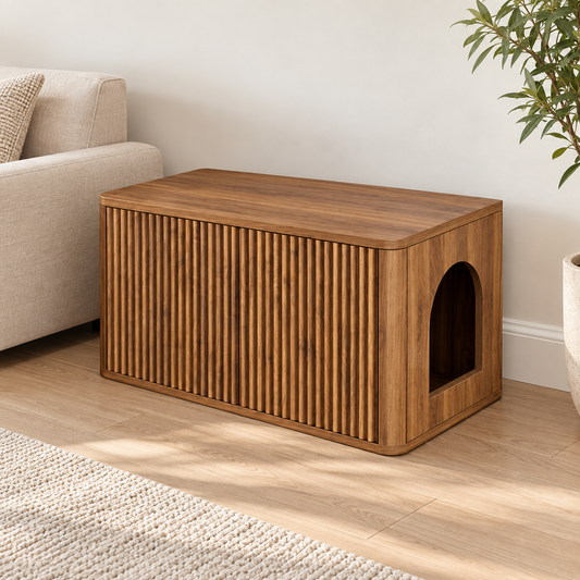 Fluted walnut litter enclosure in a styled room; tray and room decor not included