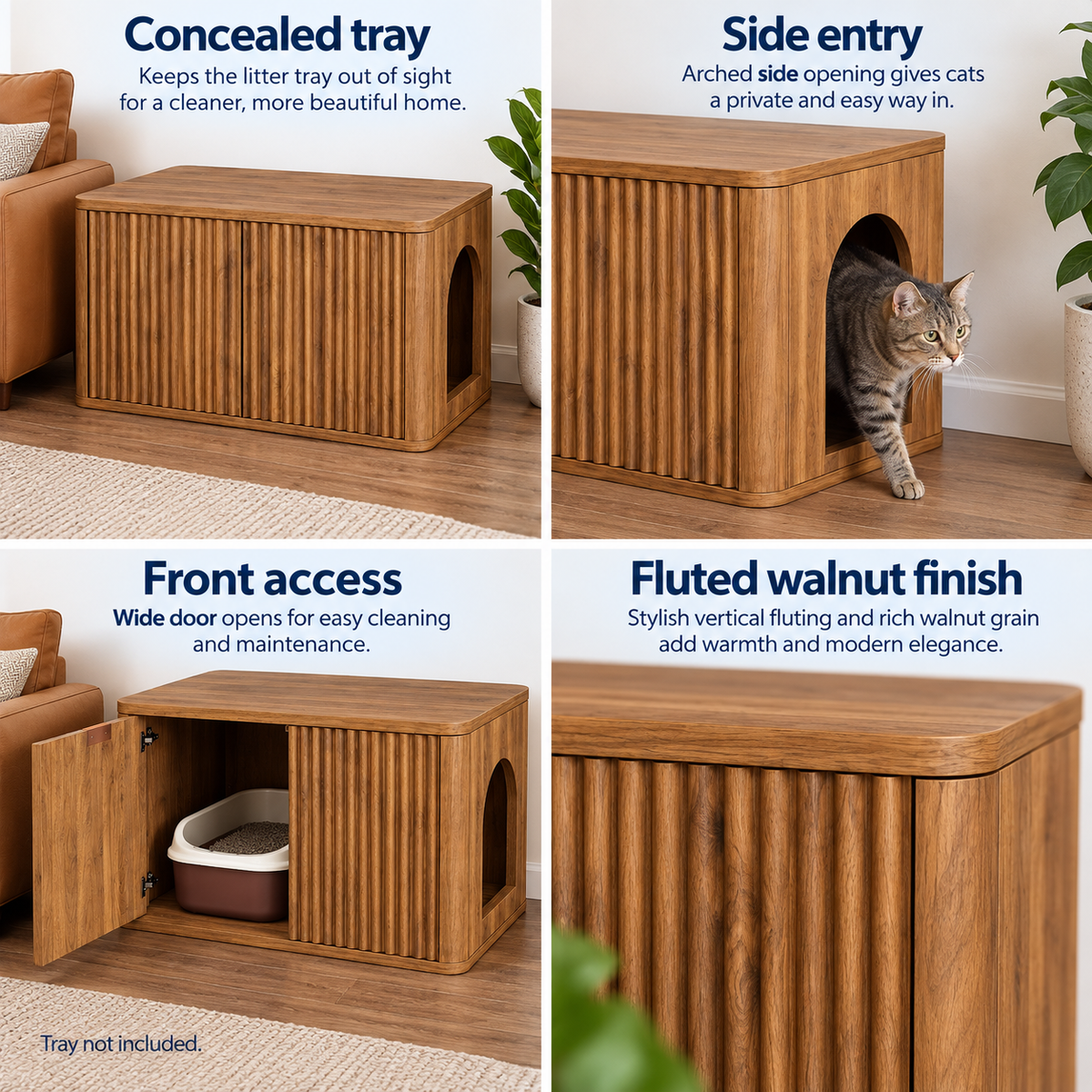 Concealed tray, arched side entry, front access and fluted walnut finish