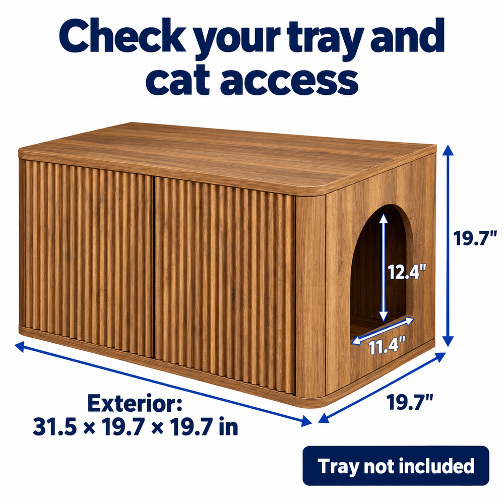 Exterior litter enclosure dimensions and side entry size; tray not included