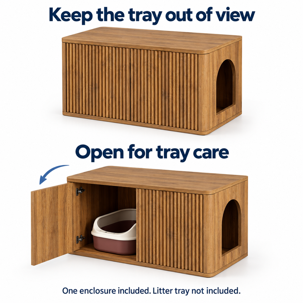 Closed cabinet and open left front door for tray care; tray not included