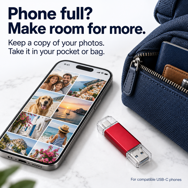 Red pocket photo drive beside a USB-C phone and navy bag, for a portable copy of photos