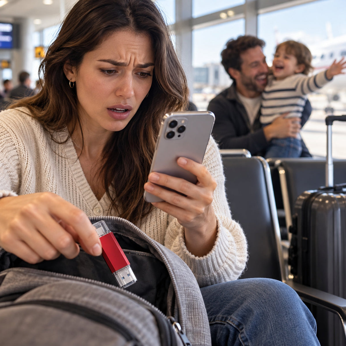Traveler moving photos from a USB-C phone to a red flash drive