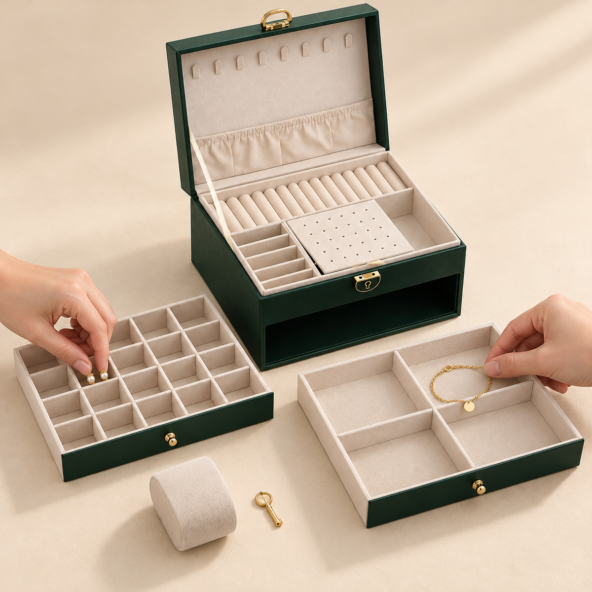 Hands sorting a matching pair of earrings and a bracelet into the green organizer’s divided drawers; jewelry not included.