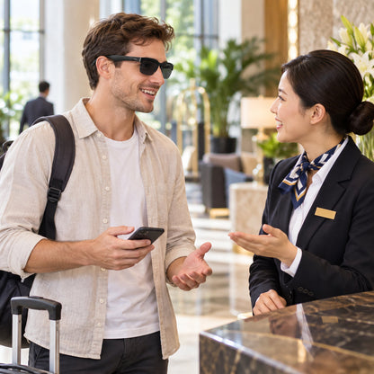 Traveler using camera-free smart audio glasses at a hotel