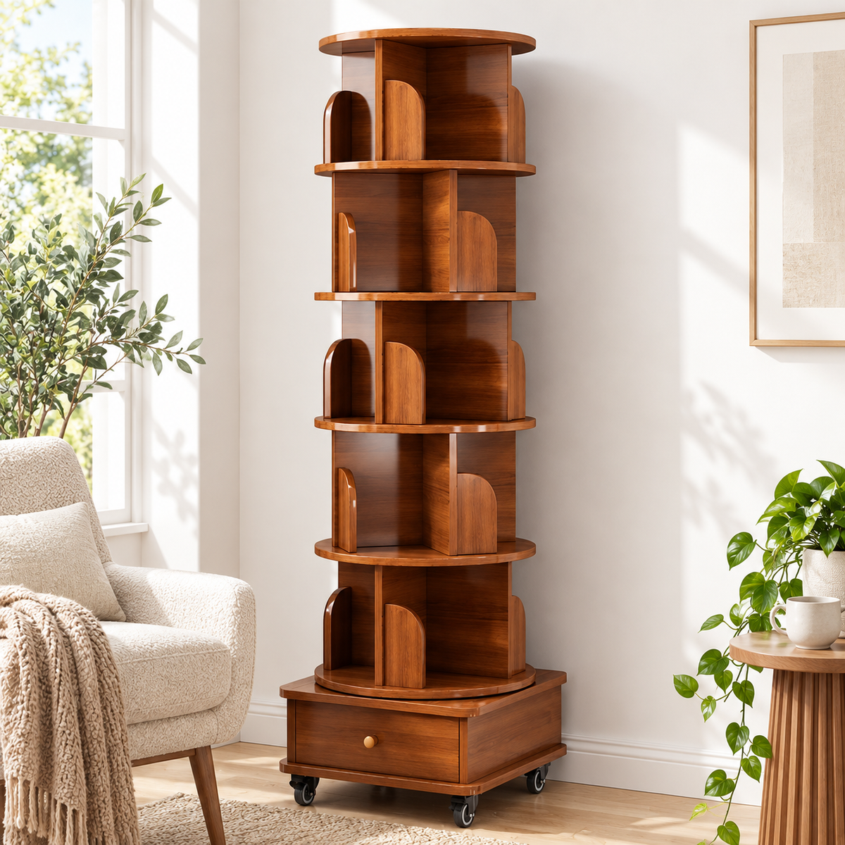 Walnut-brown rotating bookshelf in a styled reading corner; decor not included