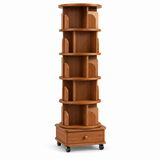 Walnut-brown rotating bookshelf with five open levels and lower cabinet on white