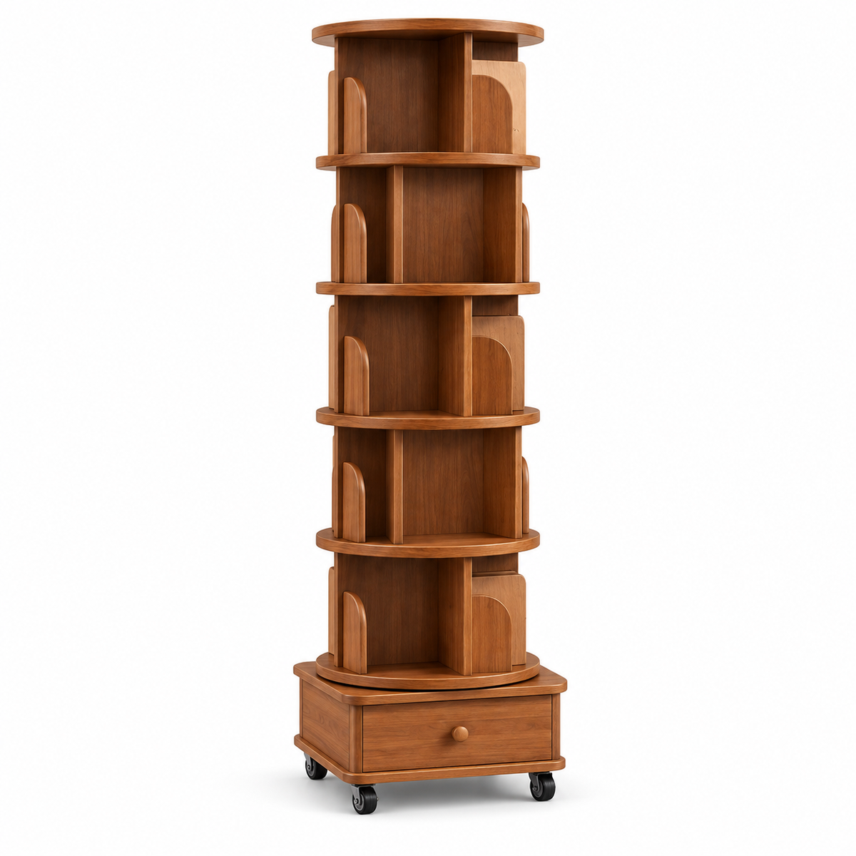 Walnut-brown rotating bookshelf with five open levels and lower cabinet on white