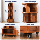 Rotating bookshelf access, open storage, hinged lower cabinet and caster base