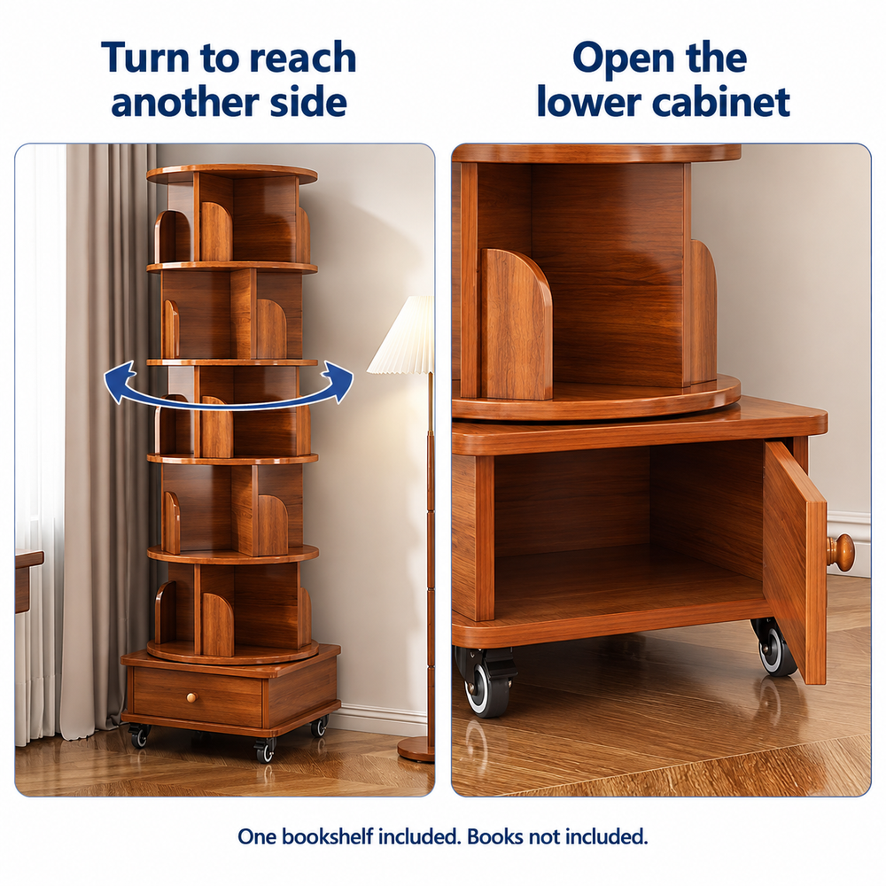 Rotation and outward-opening lower cabinet door; books not included