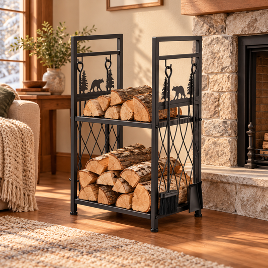 Fireside Rack & Tool Set — hero context; illustrative room styling, props not included