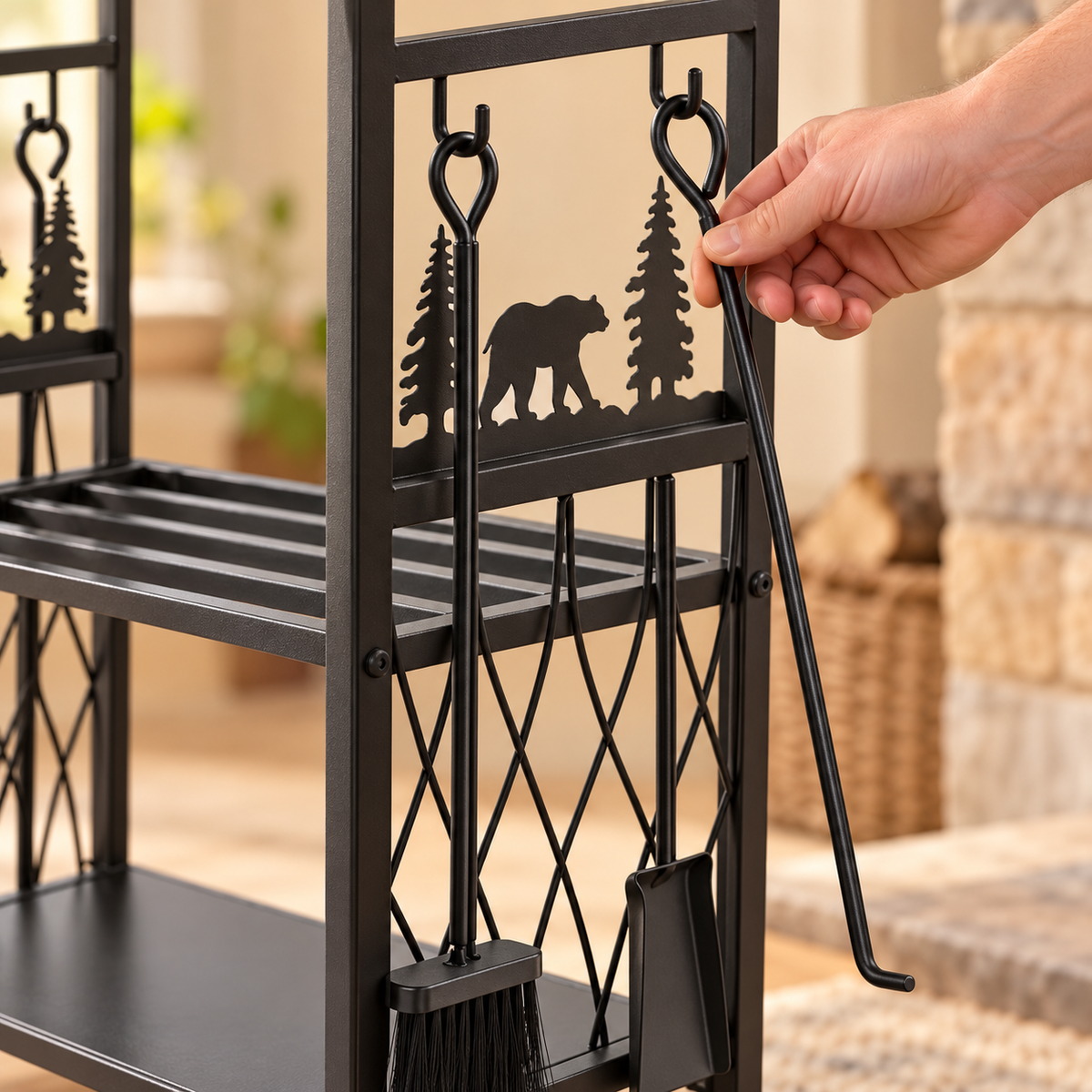 Fireside Rack & Tool Set — story action; illustrative room styling, props not included