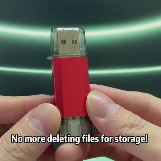 Red USB-C and USB-A OTG flash drive phone storage demonstration