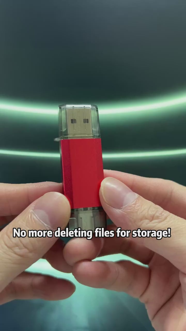 Red USB-C and USB-A OTG flash drive phone storage demonstration
