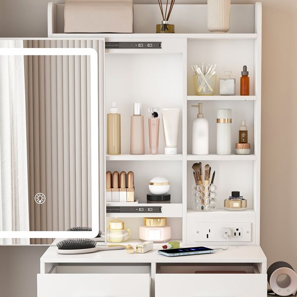 Small LED Makeup Vanity with Hidden Storage and Stool view 7