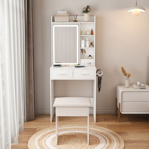 Small LED Makeup Vanity with Hidden Storage and Stool view 6